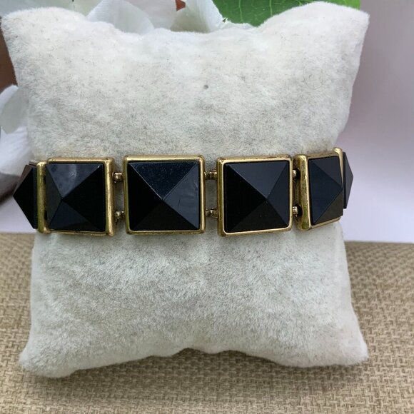 Lucky Brand Black Pyramid Distressed Gold Tone Link Bracelet - Picture 1 of 8